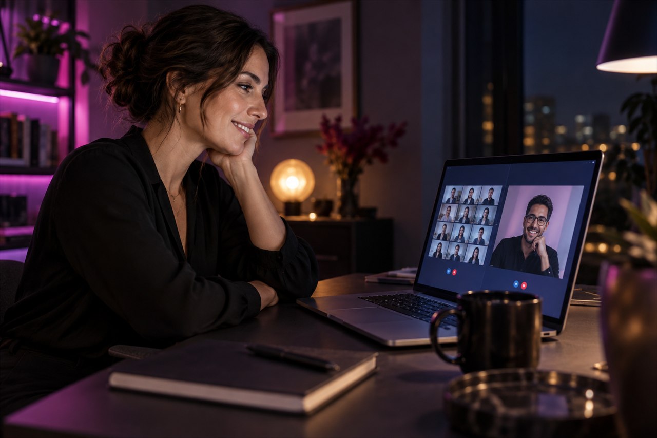 Mujer ante una pantalla que compara un chat grupal con una conversación individual