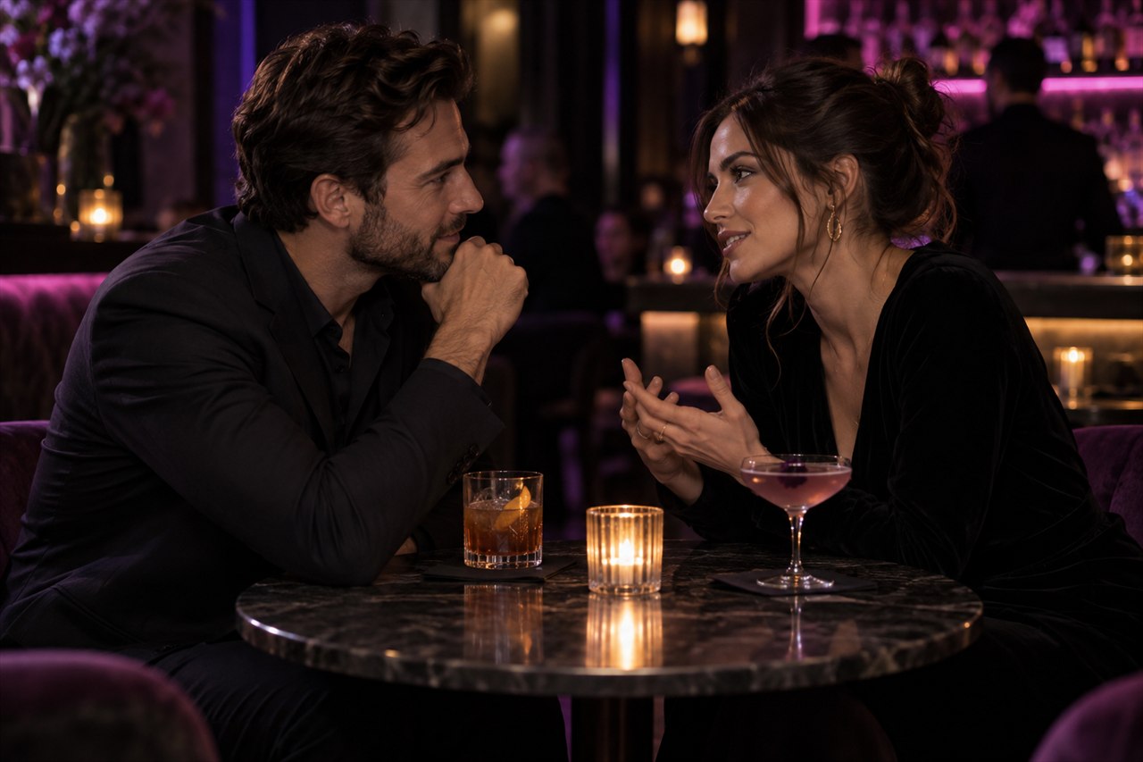 Pareja adulta conversa con complicidad en un bar