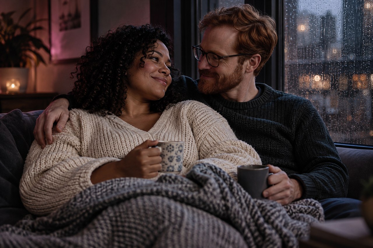 Pareja comparte una noche tranquila junto a una ventana lluviosa