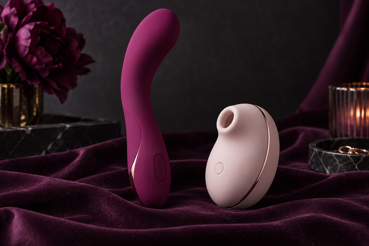 Comparación de un vibrador y un succionador sobre tela violeta