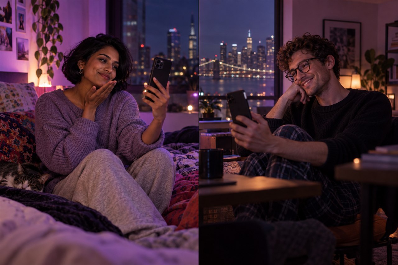 Pareja a distancia sonríe durante una videollamada desde dos hogares