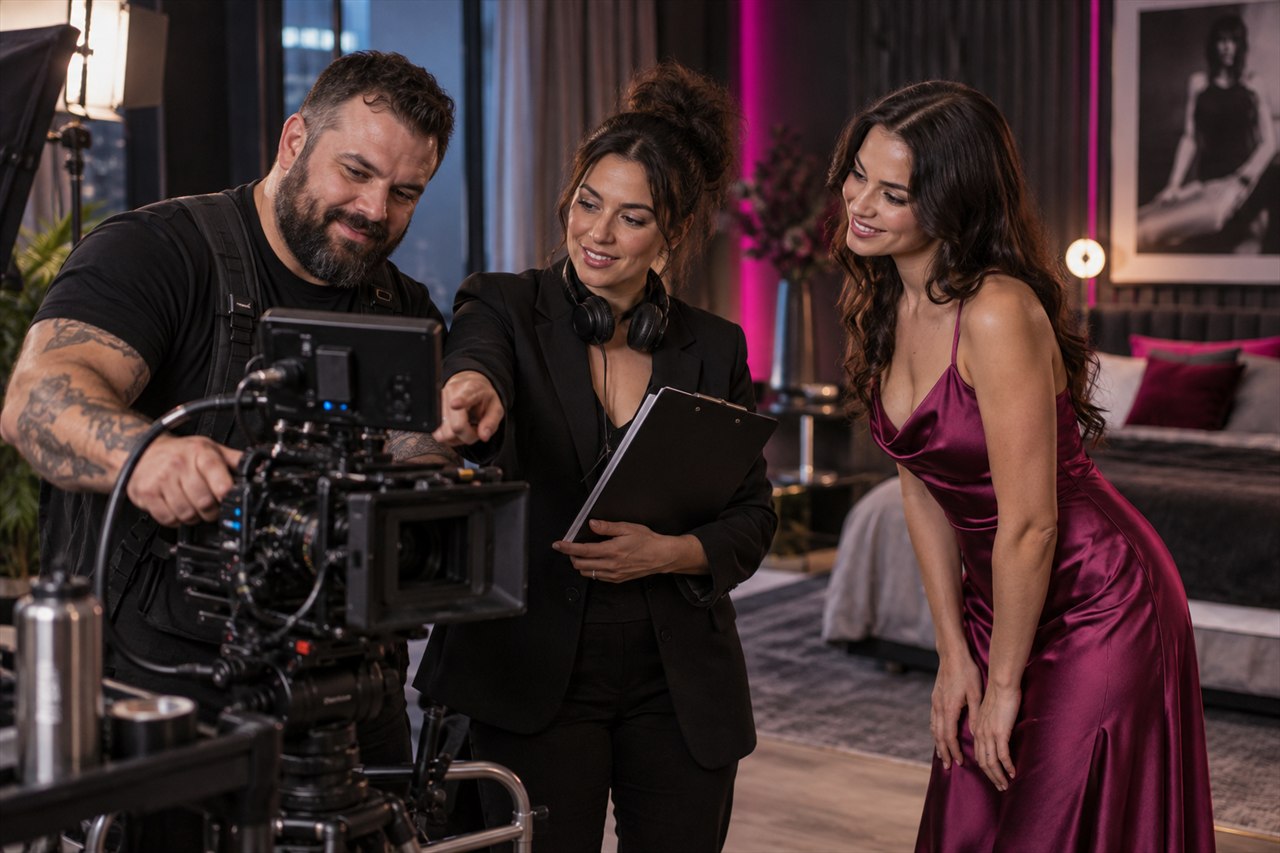 Equipo de producción revisa una escena junto a una cámara