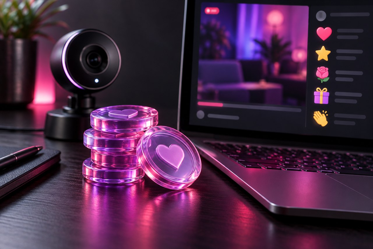 Fichas virtuales junto a una webcam y regalos de una plataforma en directo