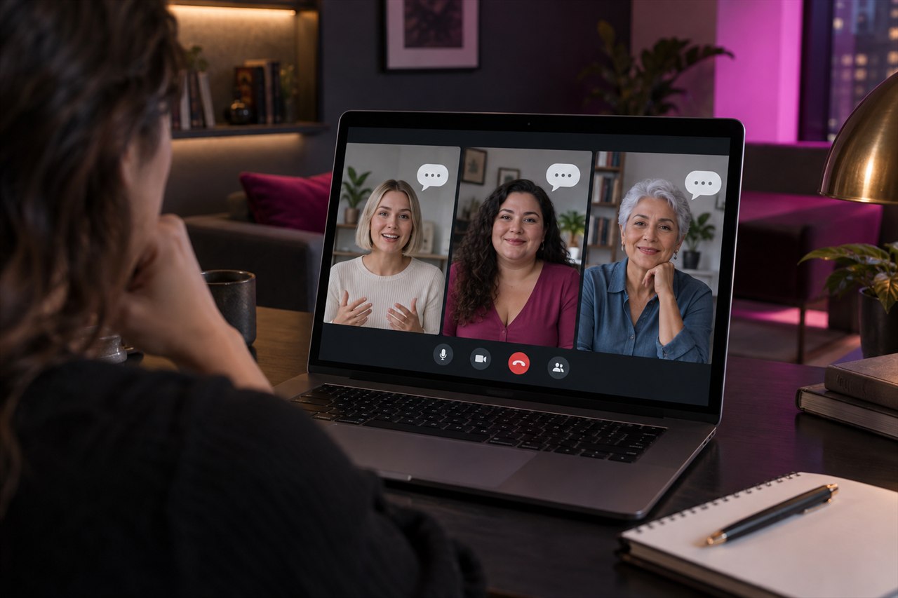 Tres camgirls de distintos perfiles conversan en una videollamada